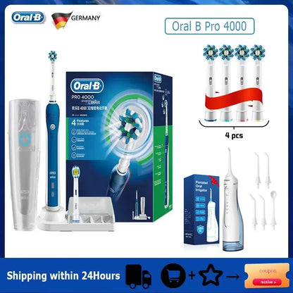Oral B Electric Toothbrush Pro 4000 3D Action Daily Clean Teeth Visible Pressure Sensor 4 Modes Gum Cares Waterproof Rechargeabl