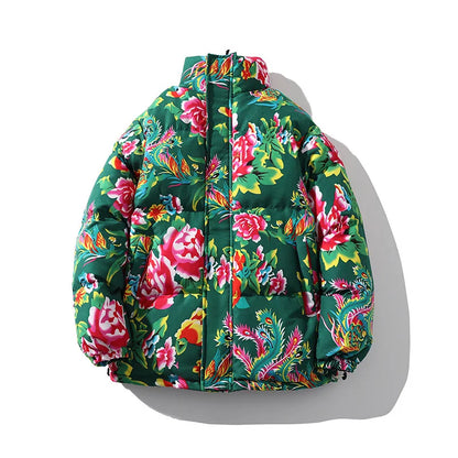Thickened Long over Knee Hooded Fleece Lined Northeast Big Flower Coat Men's Cotton Jacket Youth Fashion Sport Scene Casual Coat