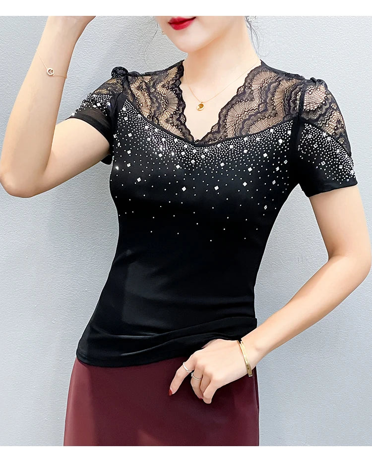 2026 Summer Women Tops New Korean Fashion Diamond Mesh T Shirt V-neck Short Sleeved Patchwork Lace Shirt