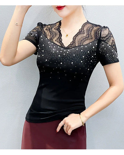 2026 Summer Women Tops New Korean Fashion Diamond Mesh T Shirt V-neck Short Sleeved Patchwork Lace Shirt