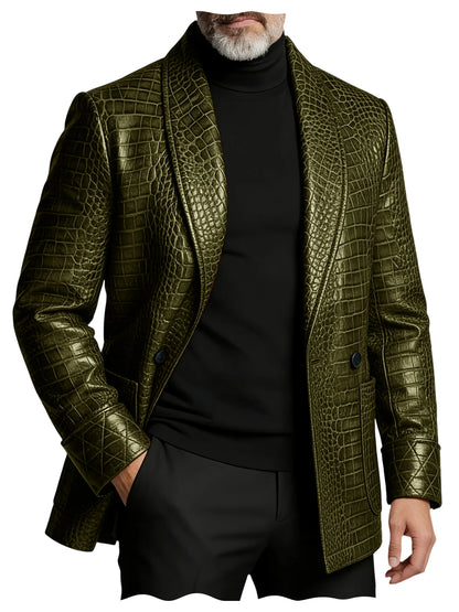Men's Crocodile Embossed Leather Blazer Double Breasted Business Casual Brown Jacket Office Wear Formal Plus Size  Suit Coat