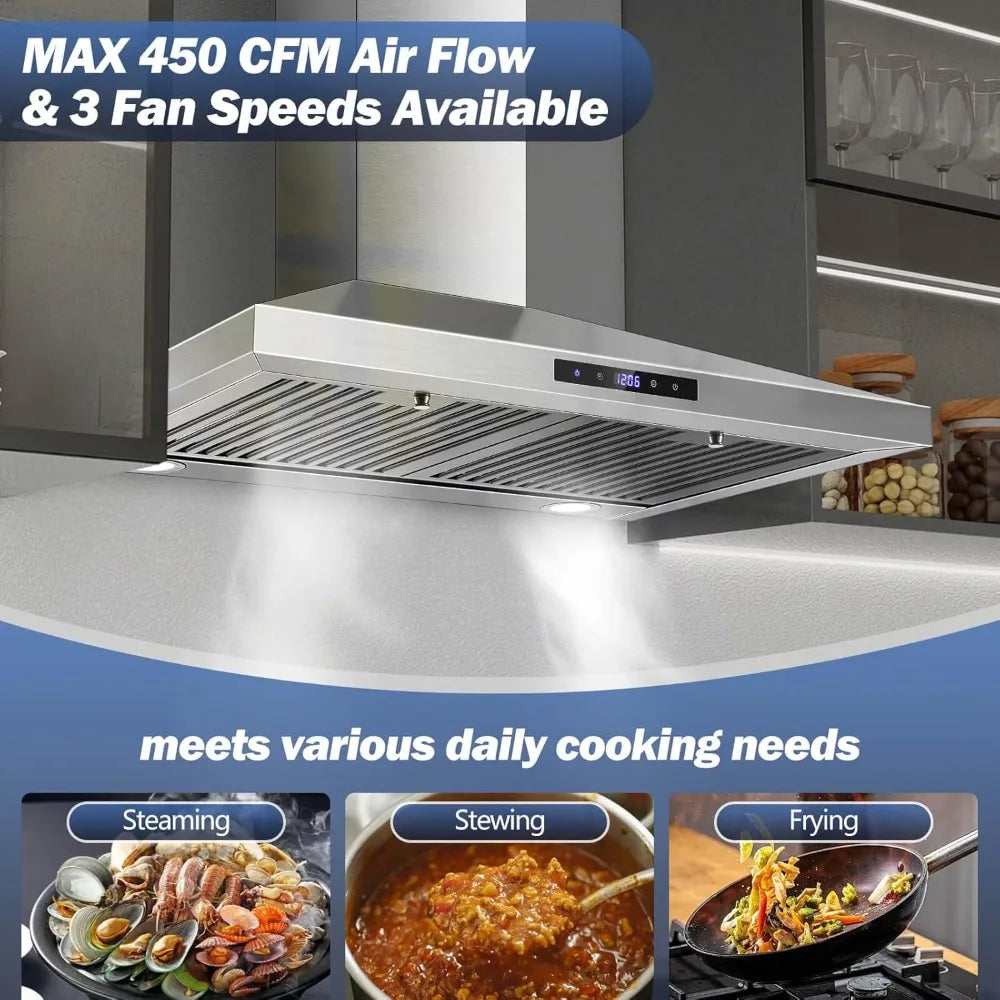 30 Inch Wall Mount Range Hood, Stainless Steel, Touch Control, Ducted/Ductless Convertible, Chimney Style with Baffle Filters