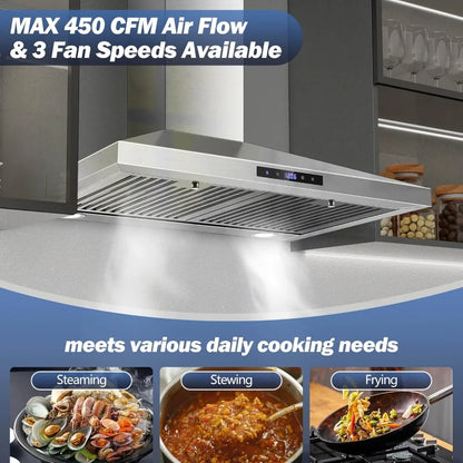 30 Inch Wall Mount Range Hood, Stainless Steel, Touch Control, Ducted/Ductless Convertible, Chimney Style with Baffle Filters