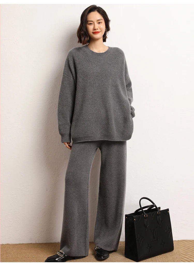 Women's 100% Cashmere Wide Leg Pants Knitted Thick Autumn/Winter Casual Solid Color Elastic Waistband Pockets