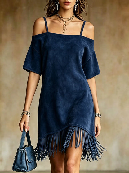 Casual Solid Color Suede Mini Dress Women Off Shoulder Spaghetti Strap Loose Fit Tassel Hem Elegant Daily Wear Chic Sundresses