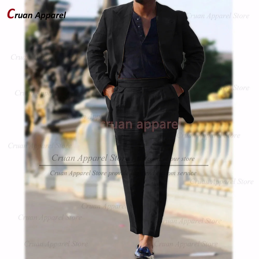 Classic Summer Linen Suit Sets For Men Smart Casual Blazer And Pants 2 Pieces Formal Evening  Fashion Slim Fit Suit Attire
