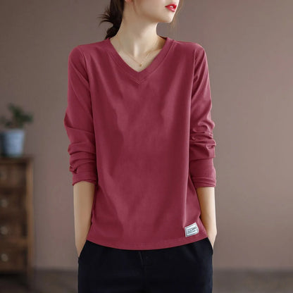 Pure Cotton Long Sleeve Women's T-shirt Autumn Season Versatile Base Layer Top Commute Style Loose Fit Regular Thickness