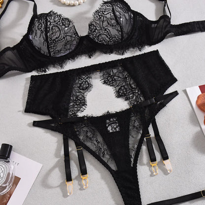Ellolace Solid Lingeries Sexy Hot Elegant Bra Belt Thong 3PC with Leg Circles Cute Intimate Seductive Lace Tempted Underwear