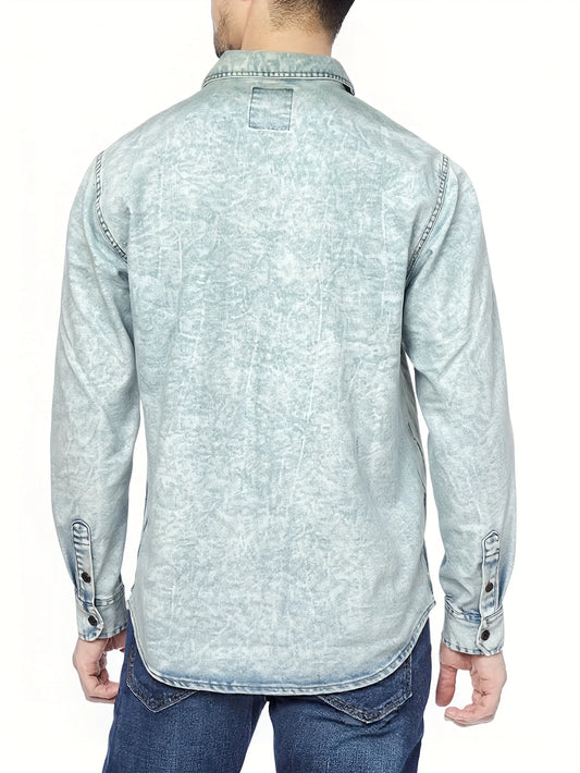 Autumn Men's Light Blue Vintage Washed Denim Shirt American Retro Long Sleeve Washed Light Blue Denim Shirt Double Pocket Workwe