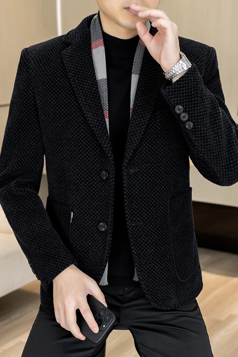 New Down Blazer Men's Business Gentleman Korean Wedding Fashion Trend Slimming Solid Color Casual High-end Down Woolen Blazer