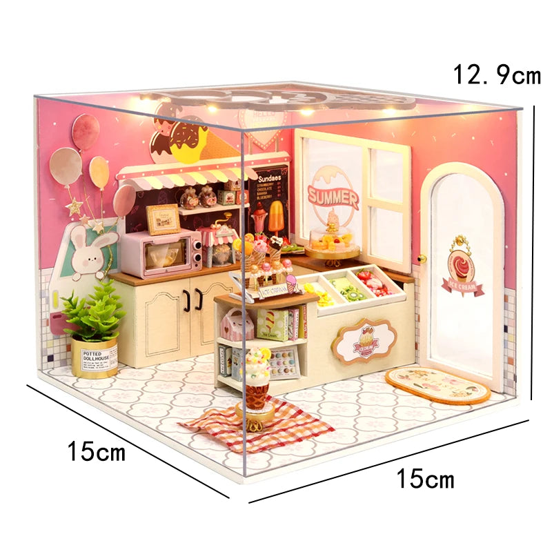 DIY Wooden DollHouse Leisurely Coffee Shop Dollhouses Scene Model Miniature Doll House Wooden Assembly Model Toys For Xmas Gifts