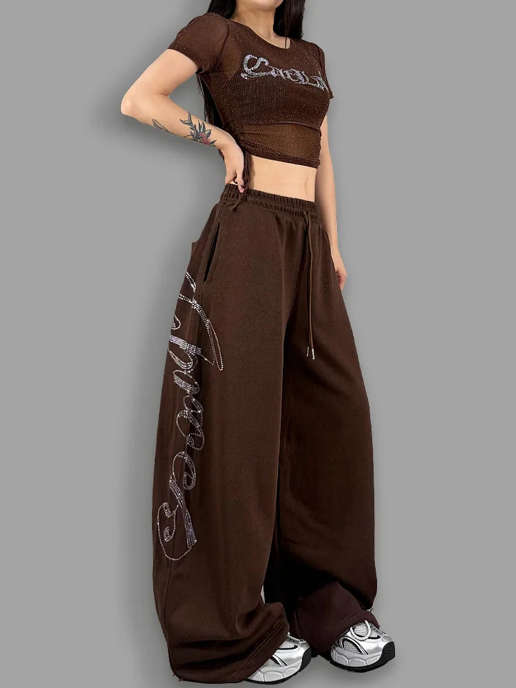 ROKBBK-K Glitter High Waist Wide Leg Pants Women's Street Dance Casual Loose Fashion Cotton Drill Lettering Trousers
