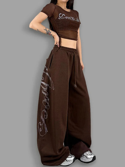 ROKBBK-K Glitter High Waist Wide Leg Pants Women's Street Dance Casual Loose Fashion Cotton Drill Lettering Trousers