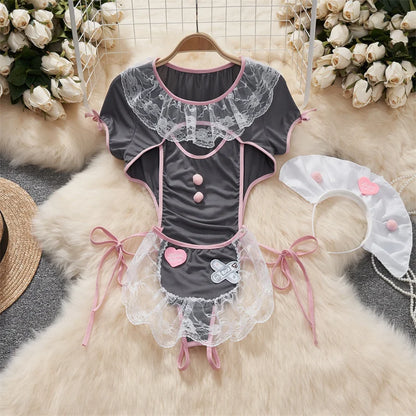 Cute Gray Rabbit Ear Hood Top Sexy Backless Slim Fit Bodysuit Zip Sleeveless Women Sexy Erotic Lingerie Bunny Cosplay Playsuit