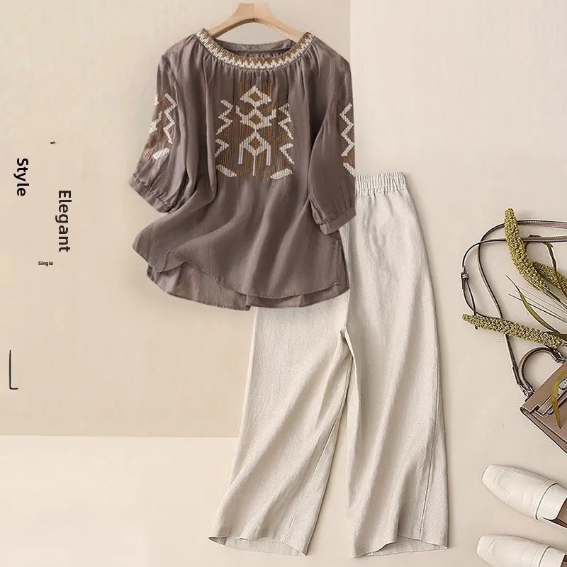 Fashionable Retro Linen Top And Pants Set for Women High End Cotton Linen Ensemble Summer 2026 Elegant Two Piece Suit