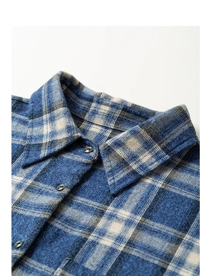 TOYOUTH Women Brushed Shirts 2026 Spring New Mid-Length Gradient Blue-White Plaid Loose Blouses
