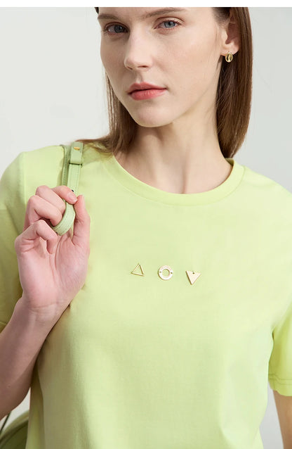 Amii Minimalist T-shirt Women's Tops O-neck Short Sleeves Geometric Decoration Antibacterial Cotton Elastic Casual Tees 12521088