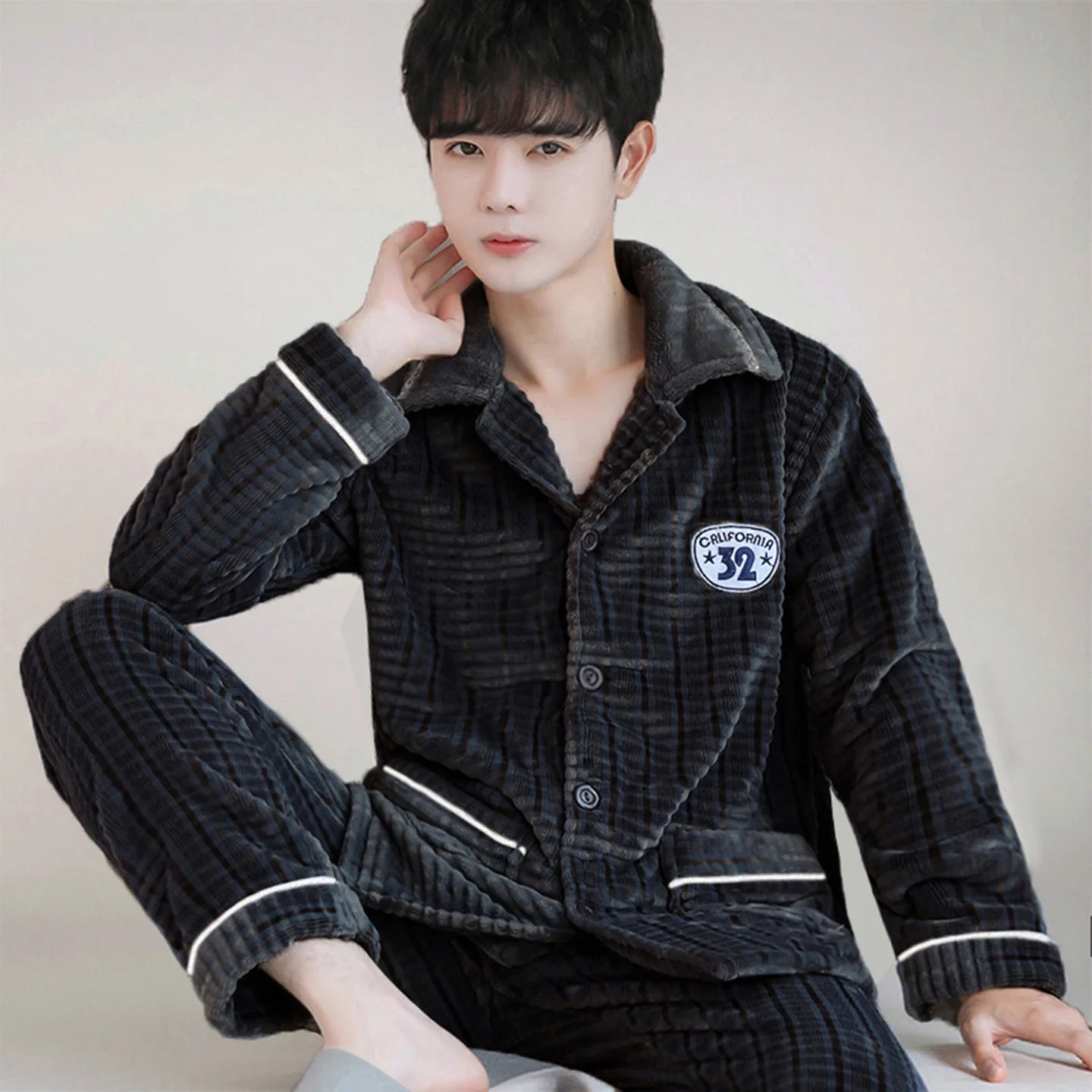 Men's Thickened Flannel Pajamas Coral Fleece Home Clothes Cardigan Set Long Sleeve Long Pants Soft Warm Winter Autumn Sleepwear
