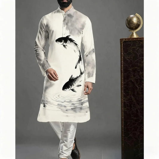 2026 Muslim Tops Men's Ethnic Style Long-sleeved Stand-up Collar Shirts Casual Slim Irregular Ropa Musulmana Hombre