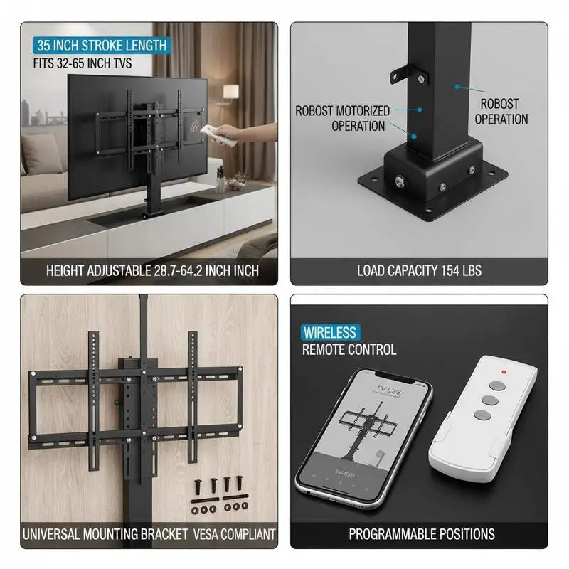 TV Raising Stand 35" Stroke for Home Theater Office Conference Room, Remote Control Height Adjustable 28.7-64.2" Fit 32-65" Screen Load Capacity 154 Lbs