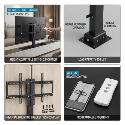 TV Raising Stand 35" Stroke for Home Theater Office Conference Room, Remote Control Height Adjustable 28.7-64.2" Fit 32-65" Screen Load Capacity 154 Lbs