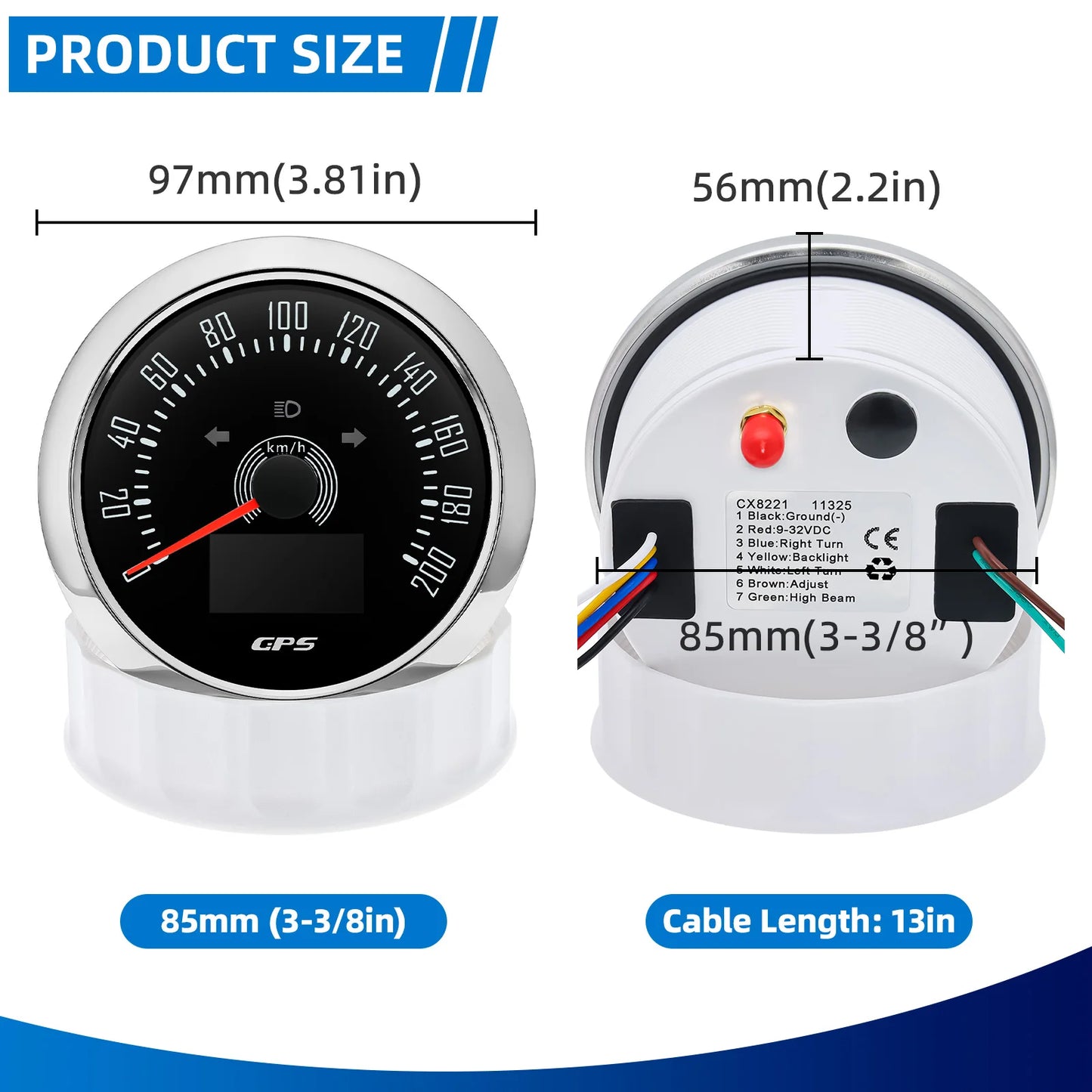 85MM GPS Speedometer 0-160MPH 0-200KMH With GPS Antenna 7 Colors Backlight Digital LED Odometer Gauge for 12V24V Car Boat Marine
