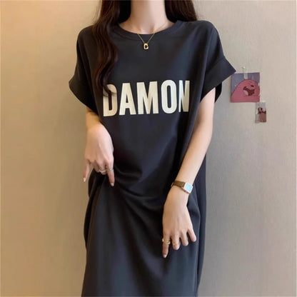 Women's Loose Letter Print T-Shirt Dress Summer Casual Short Sleeve Midi Dress Oversized Streetwear Female Long Dress