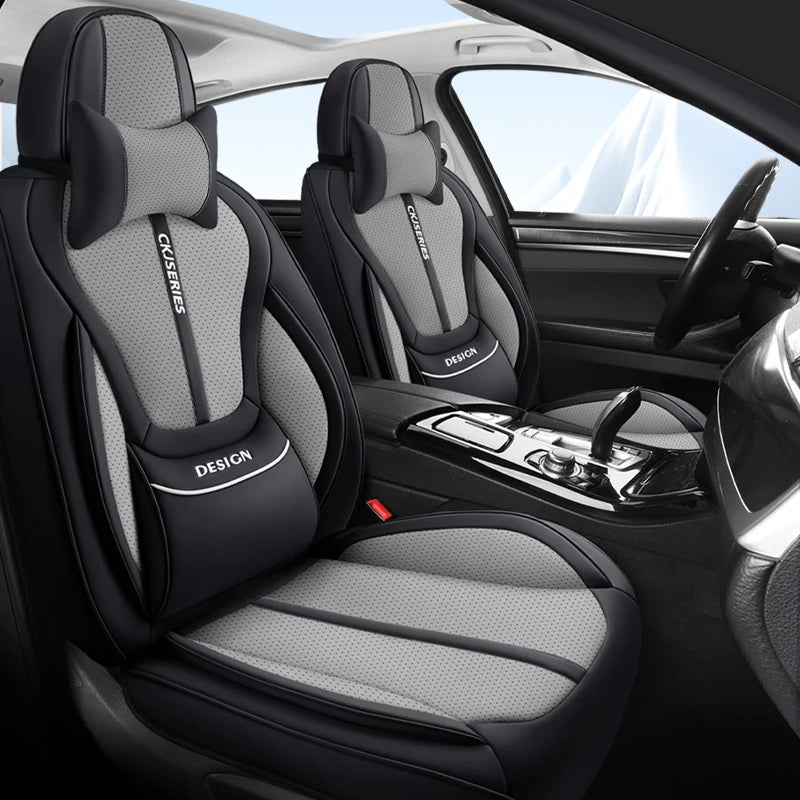 Premium PU Leather Auto Seat Covers Set with Built-in Lumbar Support +2 Headrest Covers +1 Steering Wheel Cover Comfortable