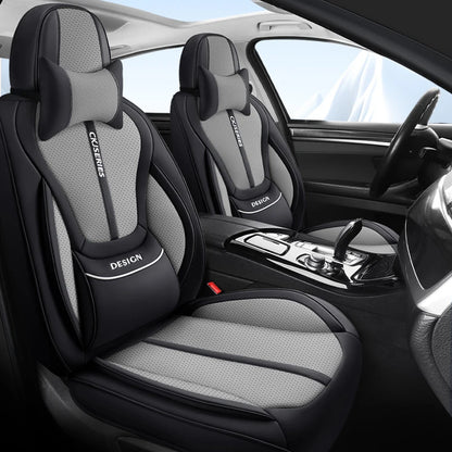 Premium PU Leather Auto Seat Covers Set with Built-in Lumbar Support +2 Headrest Covers +1 Steering Wheel Cover Comfortable