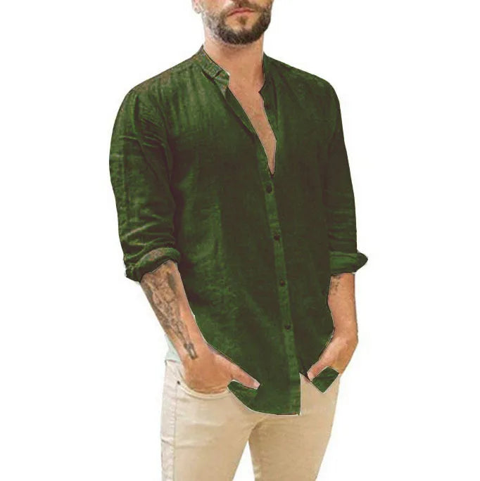 Men's 2026 Men's Linen Cardigan Solid Color Casual Stand-Up Collar Long Sleeve Shirt