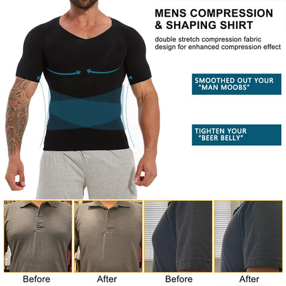 Men V-Neck Compression Shapewear Shirt Tummy Control Slim Body Shaper Short Sleeve Undershirt