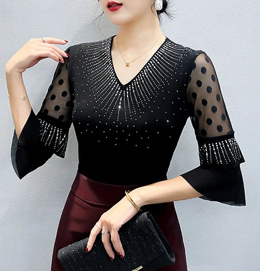 2026 Spring Summer Mesh Tops Korean Fashion Diamond T Shirt Slim 3/4 Sleeve Hollow Out Casual Women Shirt