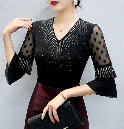 2026 Spring Summer Mesh Tops Korean Fashion Diamond T Shirt Slim 3/4 Sleeve Hollow Out Casual Women Shirt