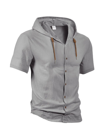 Men's Hooded Button Down Shirt Short Sleeve Linen Look Casual Top Drawstring Summer Beach Vacation Shirt 2026