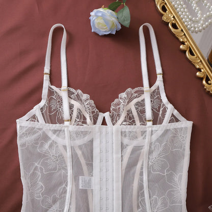 Ellolace French Women's Lingerie Sets Romantic Corset Thong 2PC with Leg Circles Pure Wedding Sexy Miss Hot Girls' Intimates