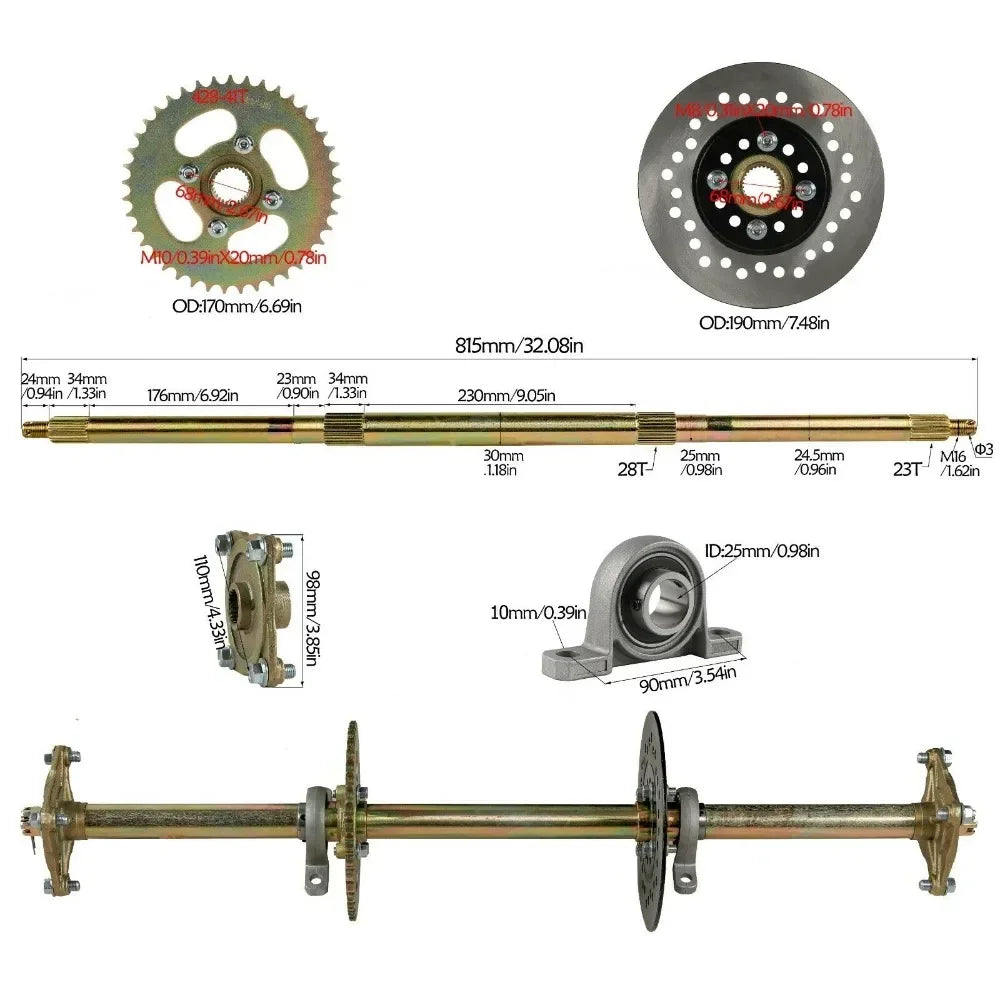 32" Rear Axle Assembly Kit Shaft + Hub+ Chain+ Brake Master Cylinder for  Go Kart ATV Drift Trike Cart