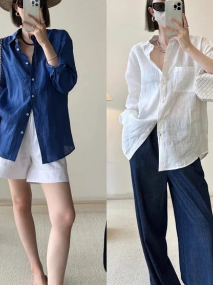 Women's Pure Linen Shirt Loose Fit Cotton Linen Sun Protection Versatile Shape Summer New plus Size Shirt Coat  Collar