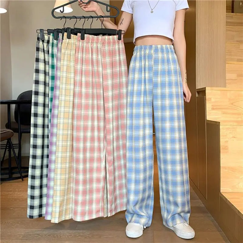 Thickened Fleece Straight Leg Pants Winter New Style Lamb Velvet Plaid Women's High Waist Warm Casual Wide Leg Pants