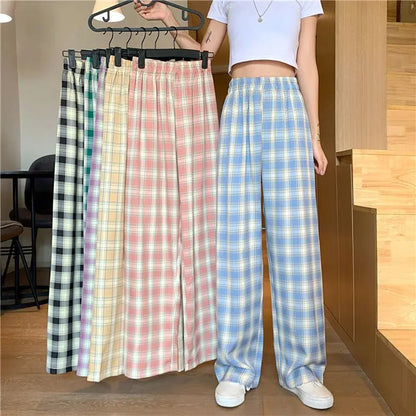 Thickened Fleece Straight Leg Pants Winter New Style Lamb Velvet Plaid Women's High Waist Warm Casual Wide Leg Pants