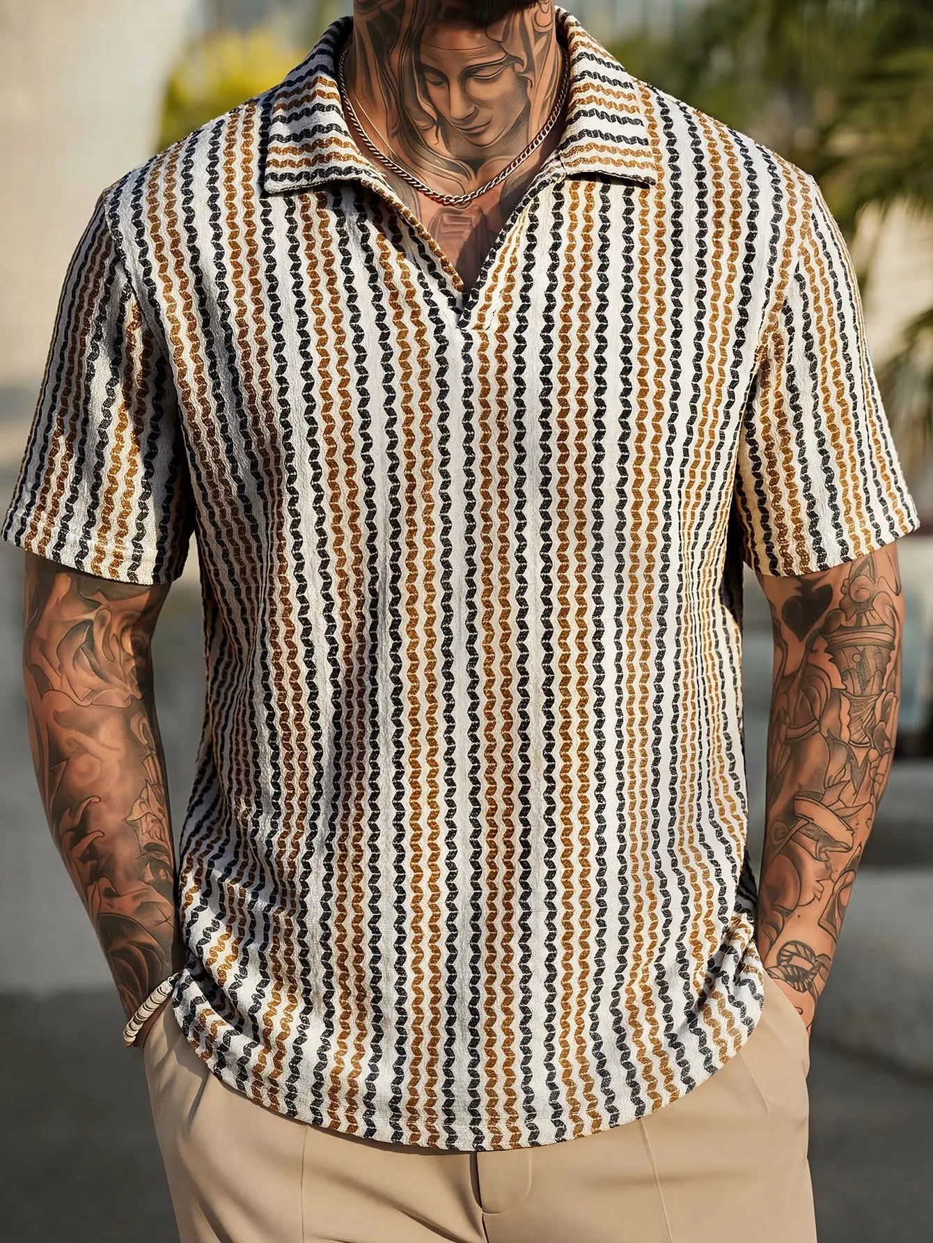 2026 Summer Men's Fashion Knitted Hook Flower Collar T-shirt Outdoor Leisure Sports Beach Vacation Cool Breathable Polo Shirt