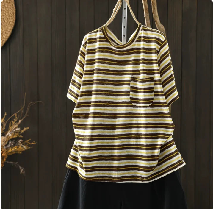 Women Summer Short-sleeve T-shirt 2026 Summer New Stylish Striped Single-pocket Loose T-shirt ZXY154