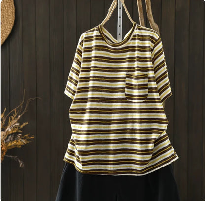 Women Summer Short-sleeve T-shirt 2026 Summer New Stylish Striped Single-pocket Loose T-shirt ZXY154