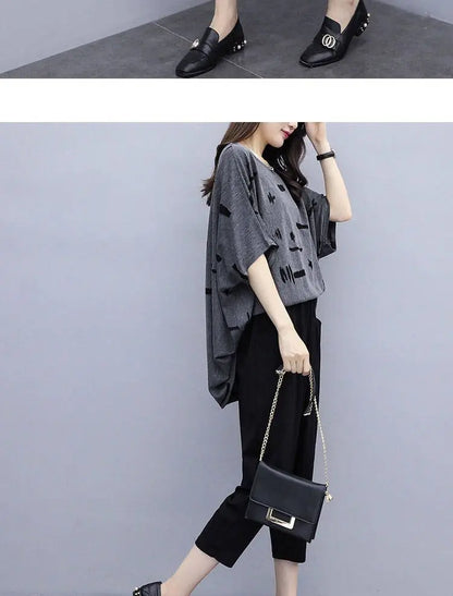 plus Size Summer Outfit Women's Batwing Sleeve Cover Belly Top And Seven Inch Pants Two Piece Set Fashionable plus Size Ensemble
