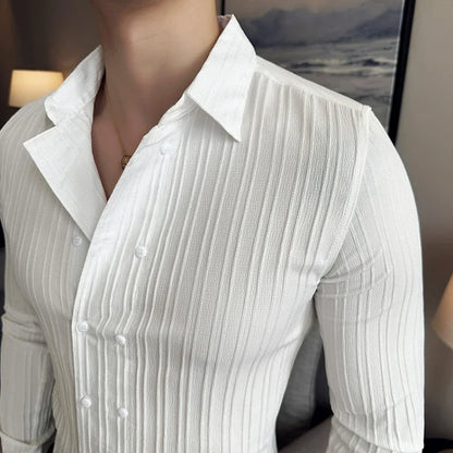 Men's Solid Color Long-Sleeved Shirt Fashionable Elegant Double-Breasted Ball Nightclub Tops Striped Lapel Shirt