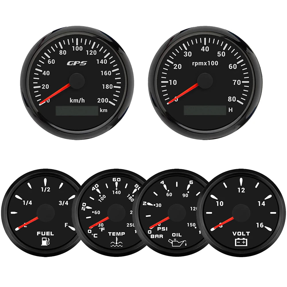ELING 6 Gauge Set 85mm GPS Speedometer with Tachometer with 52mm Water Temp Oil Pressure Fuel Level Voltmeter with Backlight