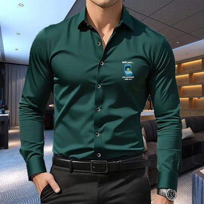 1PC Men's Premium Business Casual Shirt with Sport Logo Print Long Sleeve Slim Fit Wrinkle Resistant Formal Office Daily Shirt