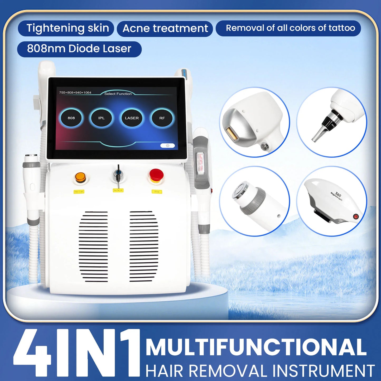 4 IN 1 Soprano Titanium Ice Platinum RF Diode 755 808 940 1064nm 4 Wave Laser ND:YAG Machine Painless Hair Removal Machine
