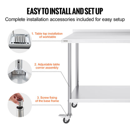 SucceBuy Stainless Steel Work Table Commercial Food Prep Worktable with Casters Heavy Duty Prep Worktable for Restaurant Home