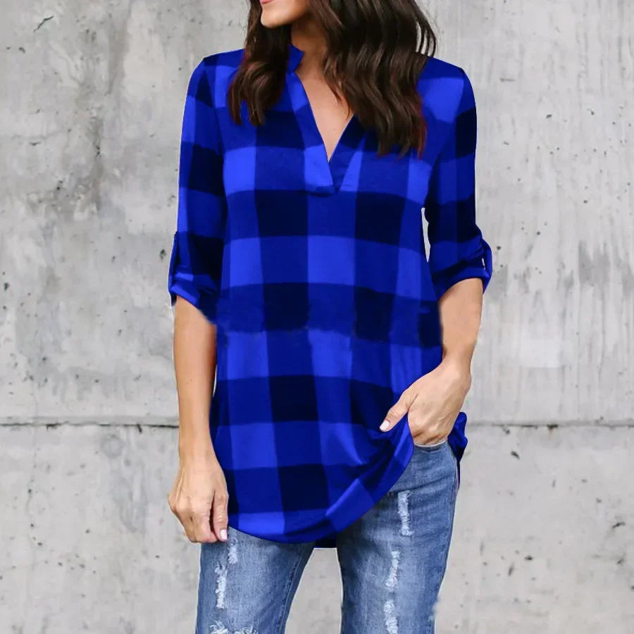 Fashion Plaid V-neck T-Shirt Woman Top Summer T Shirt Women Clothes  Ladies Tops Casual Beach Sun Blusas
