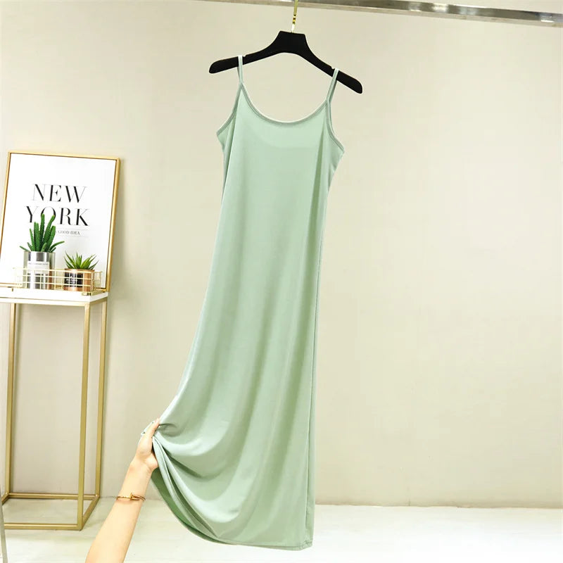 Summer Thin Ice Silk A-Line Dress Women's Casual Long Gown Inner Wear Vest Dress plus Size Korean Style Loose Waist Design